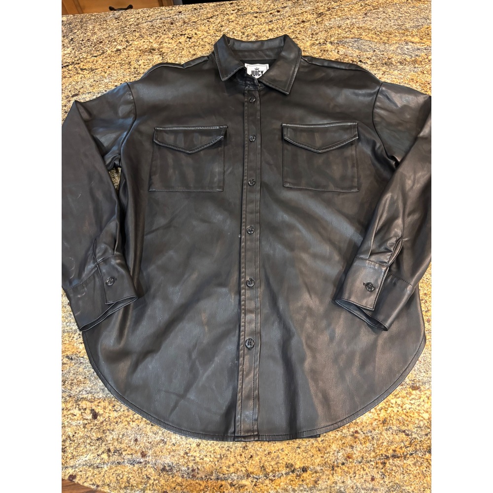 Juicy by Juicy Couture Black Faux Leather Button Down Shacket Jacket Womens M
